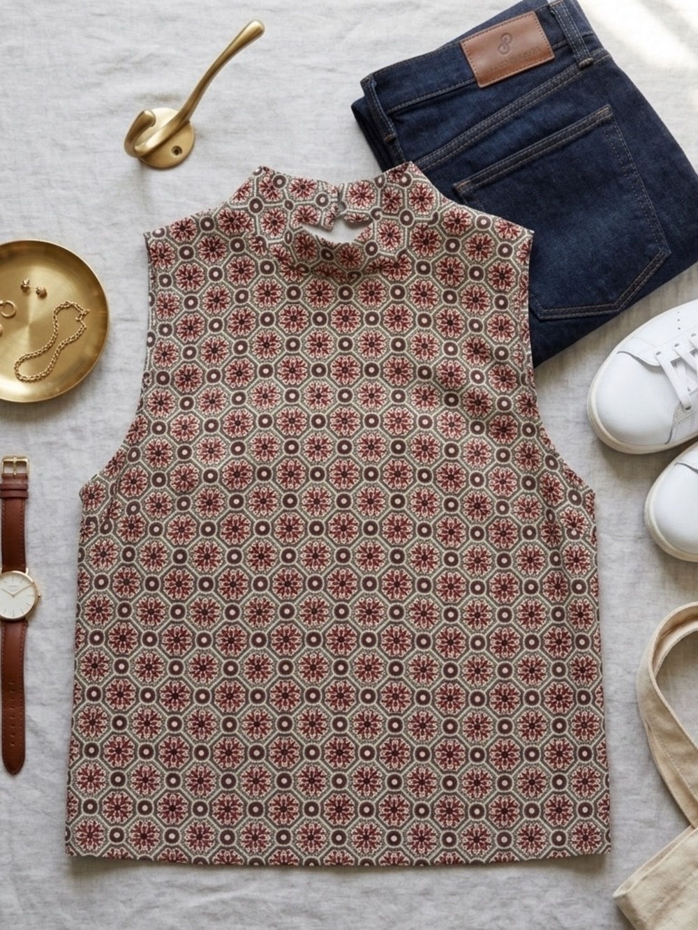 Ecote Geometric Floral Sleeveless Blouse - Red and Black